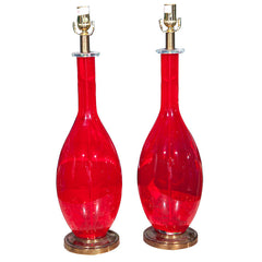 Pair Of Mid  Century Lamps  In  Red   Glass