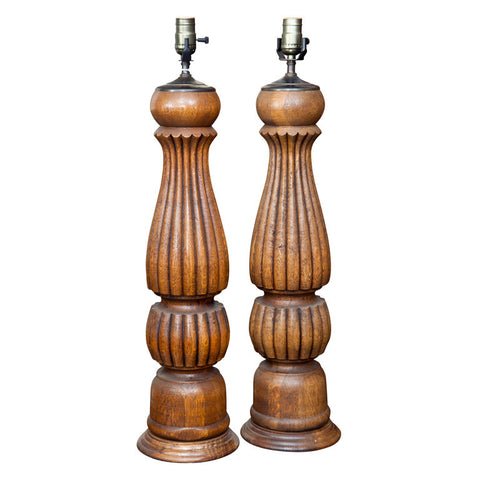 Pair 19th Century Oak Lamps Made From Piano Legs