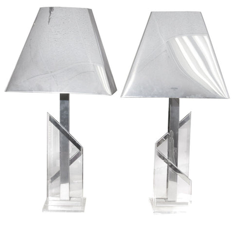 Pair  of  Lucite  &  Stainless  Steel  Lamps