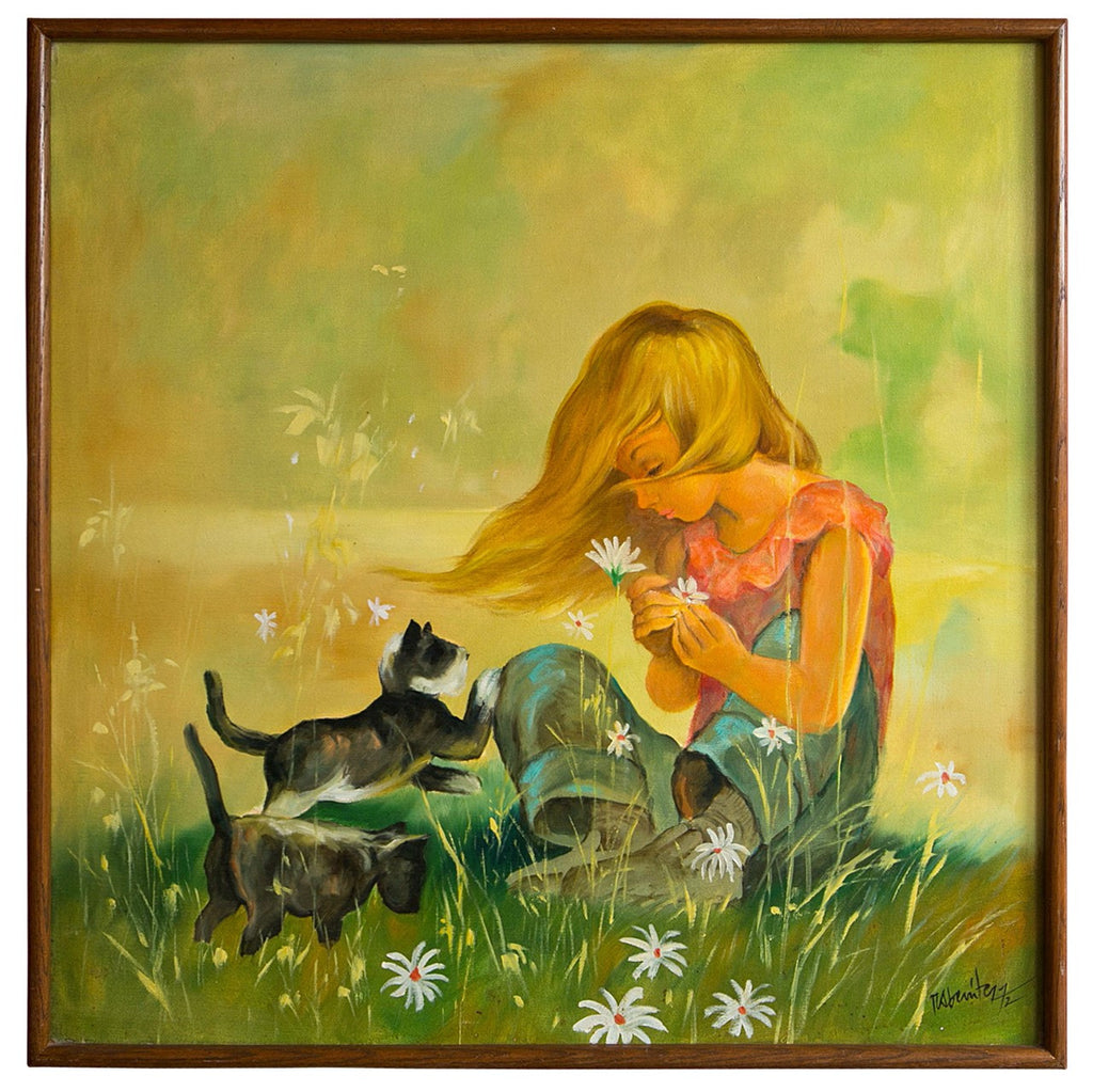 Oil Painting "Girl With Flowers and Cats" by Rabeinter