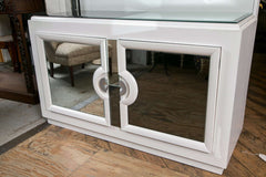White Lacquered Credenza with Juxtaposing Mirrored Doors and Top